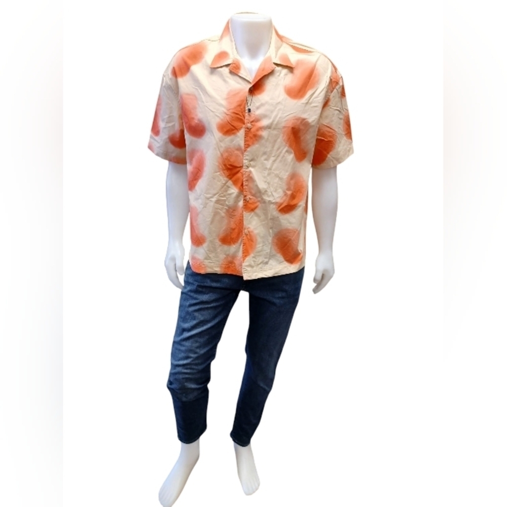 Zara NWOT Button Down Short Sleeve Orange/Creme Size Medium